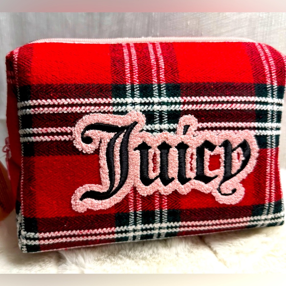 NEW Juicy Couture Red Plaid Travel Cosmetics Bag - Picture 3 of 5